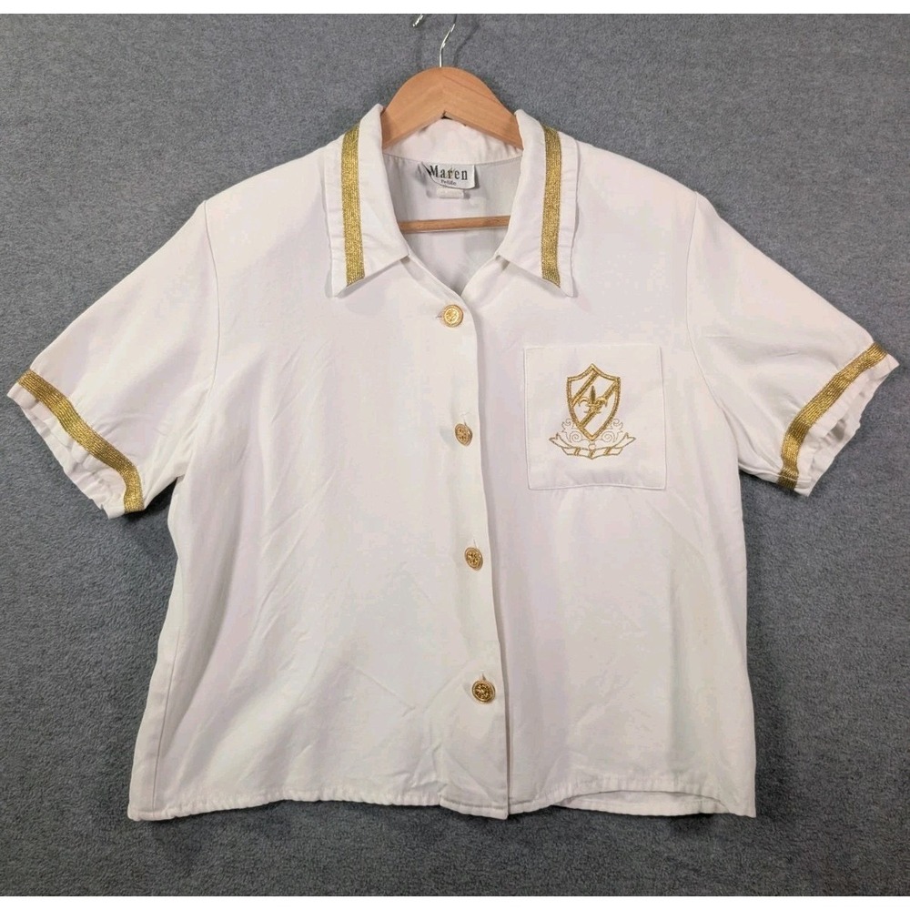 Maren Petite Vintage Nautical Sailor Yacht Blouse M White Gold Trim USA Made 90s